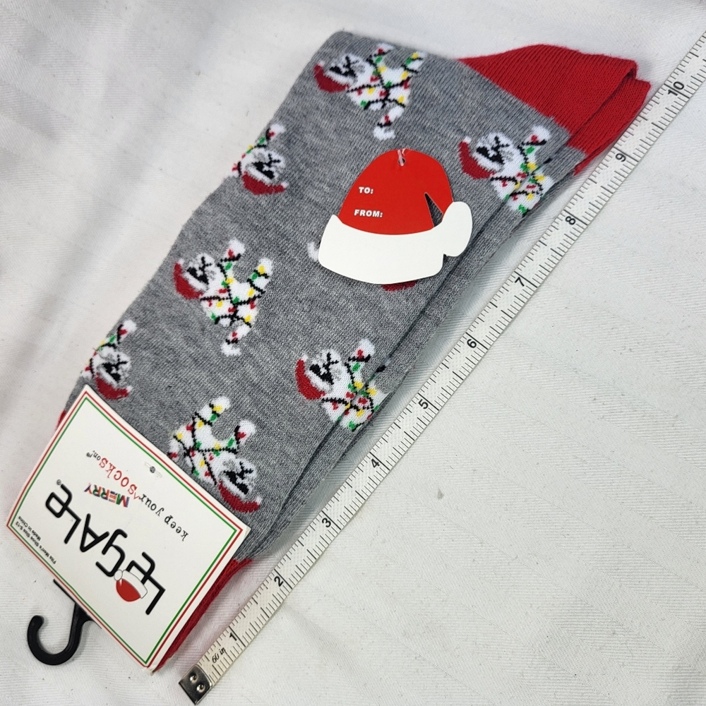 LeGale Mens SOCKS Cat Lights Santa Hat Gray Red White 1 Pair Christmas NEW - Picture 3 of 9